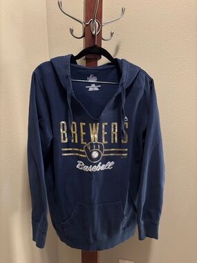Majestic Navy Pullover Hoodie with Gold Brewers Logo